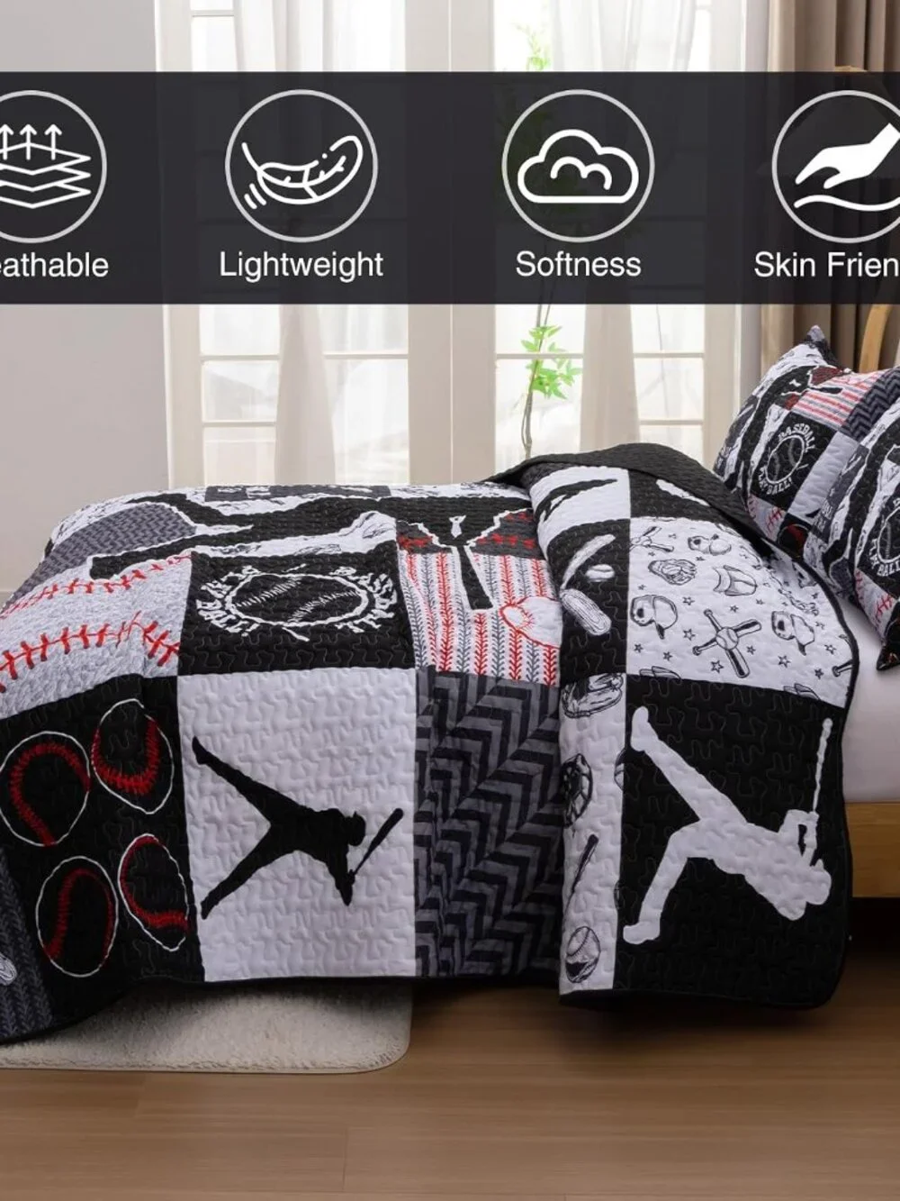 Kids Quilt Set Twin Size Sports Geometric Grid Black Patchwork Baseball Printed